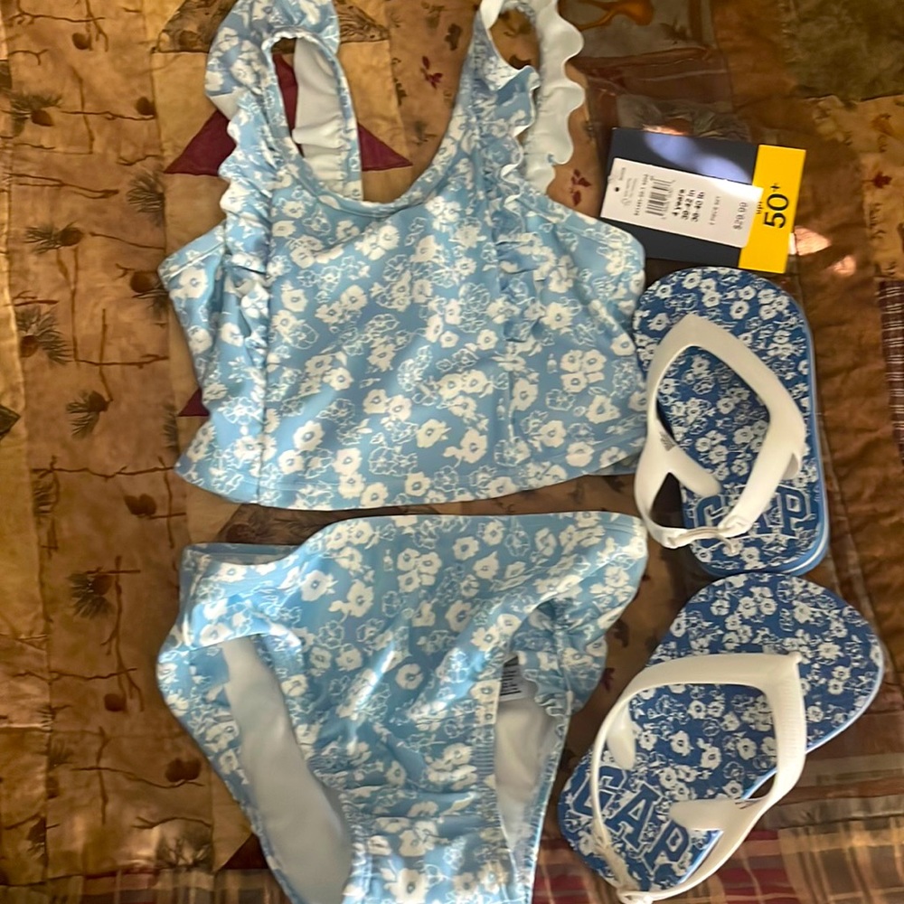 2 piece never worn swim suit and sandals from gap size 4 suit and 5/6t sandals